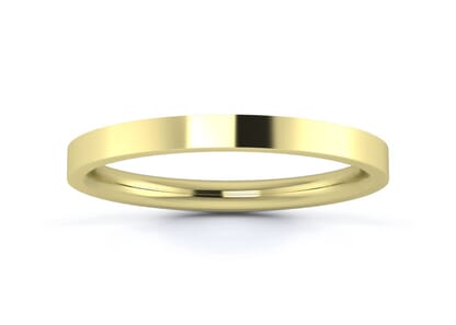 2mm flat court  wedding ring in 9k yellow gold